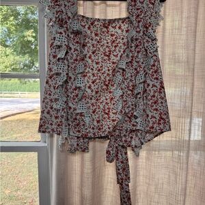 Anthropologie Red and White Floral Ruffle Blouse